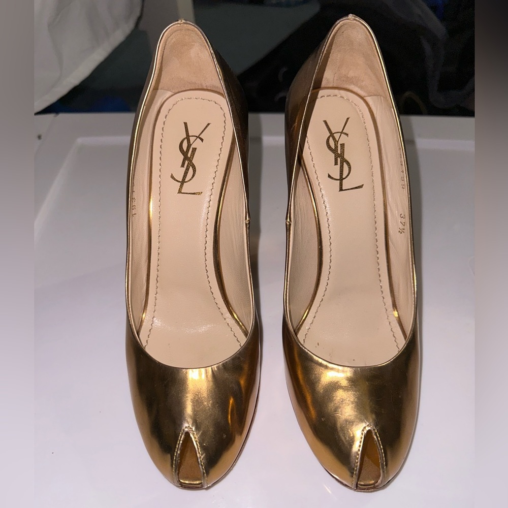 Vintage Yves Saint Laurent Gold Metallic Leather Keyhole Toe Chunky Pumps